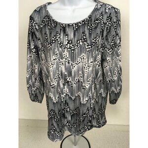Allison Daley Womens Top Size M Black White w Silver Dots Round Neck 3/4 Sleeves